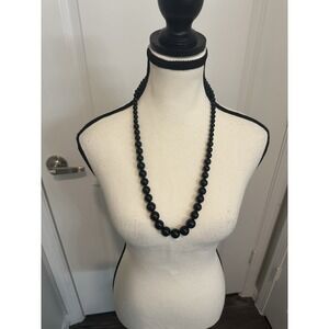 Vintage Black Beaded Necklace Graduated Round Beads Classic Statement